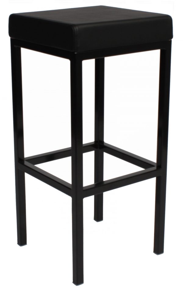 A black, high-legged bar stool with a square, cushioned seat. The stool has a sleek, modern design with a metal frame and footrests positioned at mid-height. The legs are straight and simple, adding to the minimalist aesthetic.