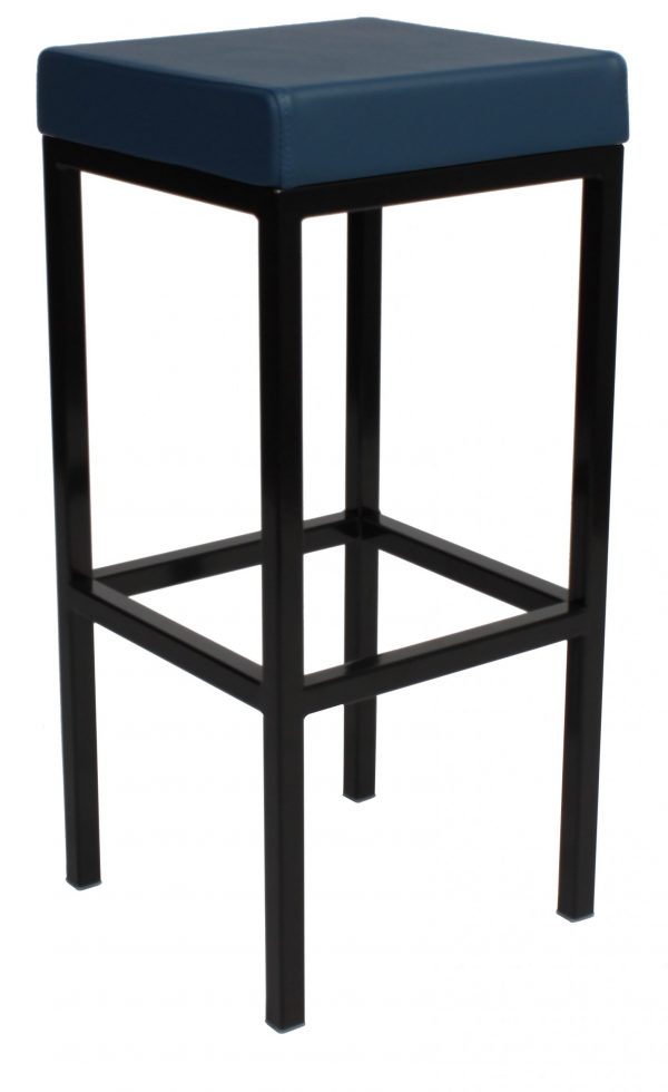 A sleek, modern bar stool with a square, upholstered blue seat and a black metal frame. The stool has a minimalist design with four straight legs and a square footrest connecting the legs. The seat appears cushioned for comfort.