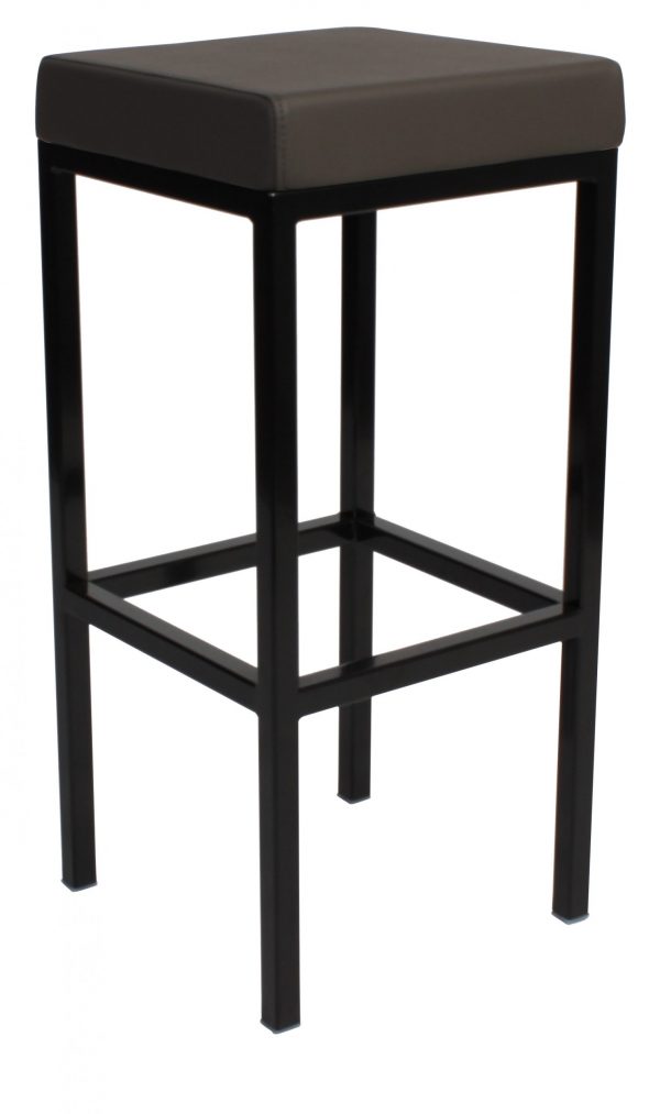 A black metal bar stool with a square, cushioned seat upholstered in a dark grey fabric. The stool features four straight legs connected by a horizontal support structure at the base for added stability. The design is modern and minimalistic.