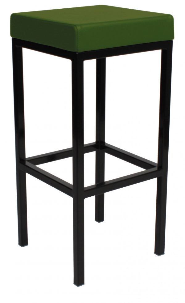 A tall bar stool with a square green cushion seat and a sleek, black metal frame. The stool features four straight legs, joined by horizontal supports near the base for added stability. The design is modern and minimalist.