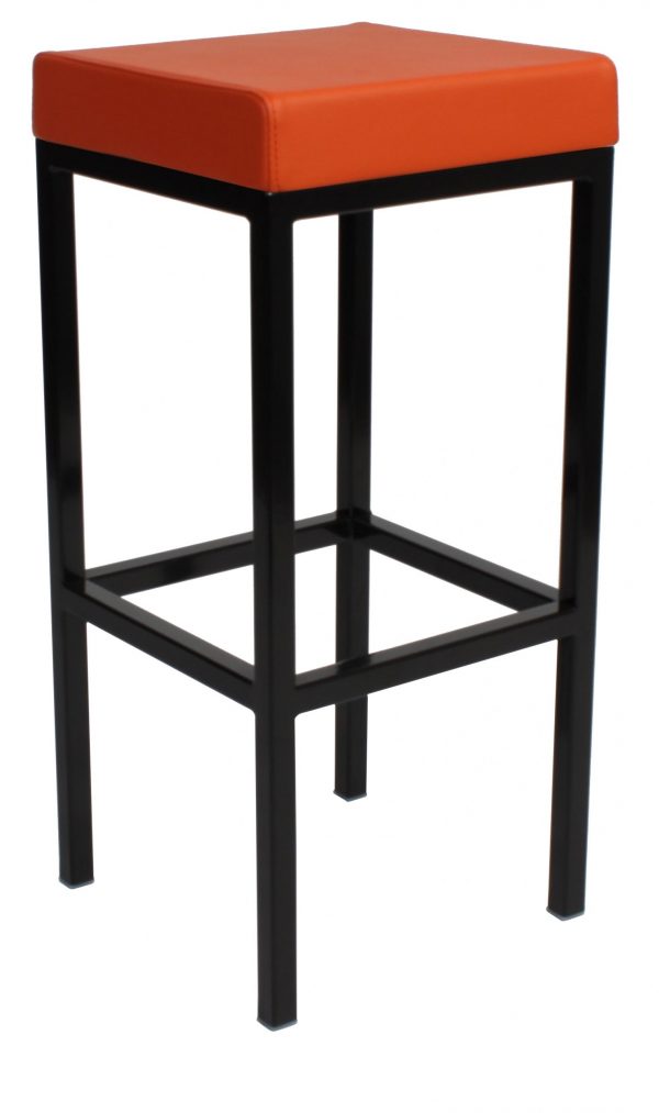 A tall bar stool with a black metal frame and a square, cushioned orange seat. The design is minimalistic with straight lines, and the stool has no backrest or armrests.