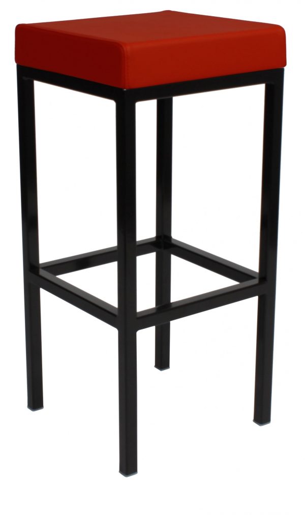 A tall stool with a minimalist design featuring a black metal frame and a square, flat red seat. The legs are straight and evenly spaced, connected by horizontal supports near the base for added stability.