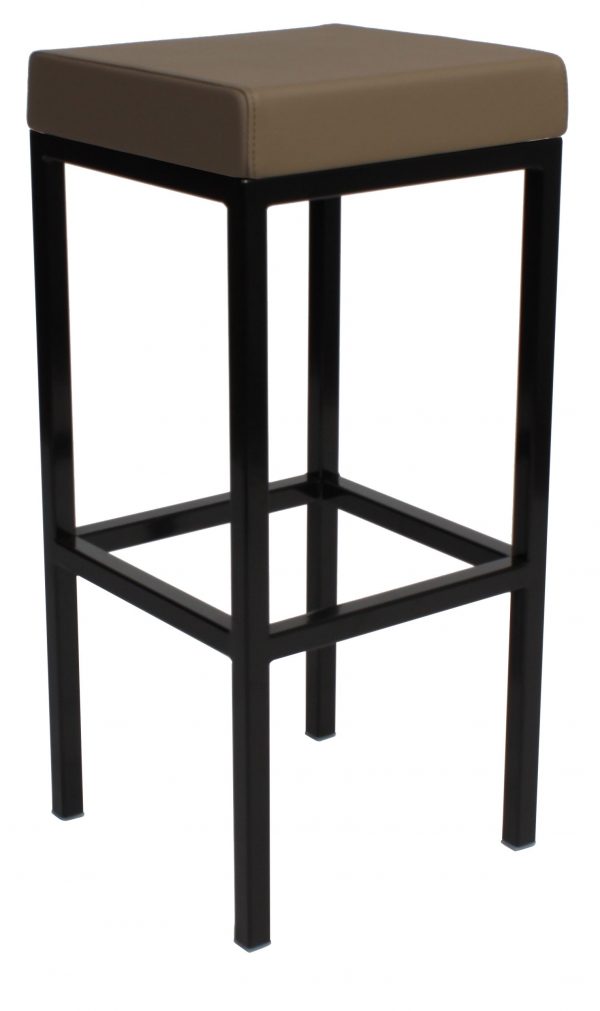 A tall bar stool with a square brown cushioned seat and a black metal frame. The legs are straight and connected by horizontal supports, providing stability. The design is simple and modern.