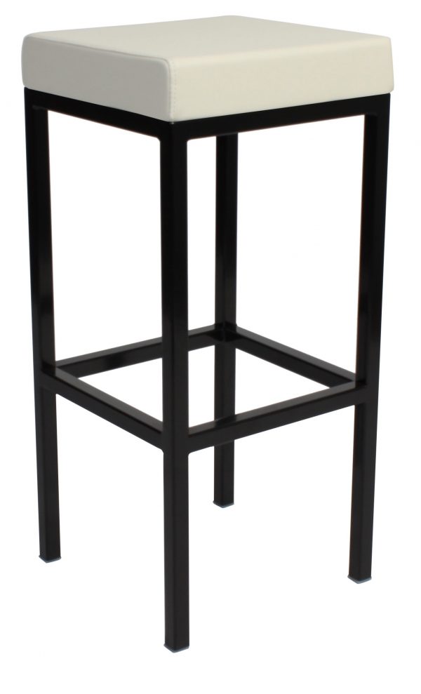 A tall, modern barstool with a square, white cushioned seat and black metal legs. The sleek design includes crossbars for support, giving it a minimalist and contemporary look.