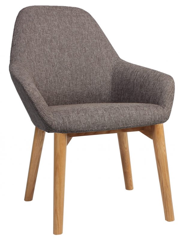 A modern, gray upholstered chair with a curved backrest and armrests. The chair is supported by four wooden legs with a natural finish. The design is simple, minimalist, and suitable for contemporary interiors.