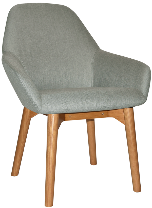A modern chair with a light gray upholstered seat and backrest, featuring smooth, curved lines. The chair stands on four wooden legs with a natural finish, angled slightly for stability and style. Its minimalist design exudes simplicity and elegance.
