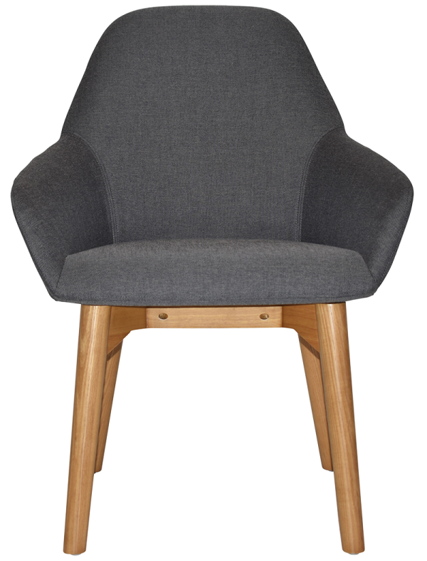 A modern dark gray upholstered chair with a curved backrest and wooden legs. The chair's design combines a sleek fabric seat with natural wood elements, creating a stylish and contemporary look.