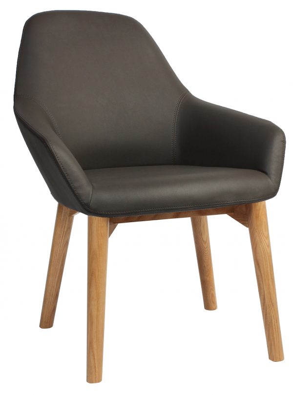 A sleek, modern chair with a dark brown, faux-leather upholstered seat and backrest. The chair features a curved, ergonomic design with armrests and is supported by four light wooden legs, offering a contemporary and comfortable seating option.