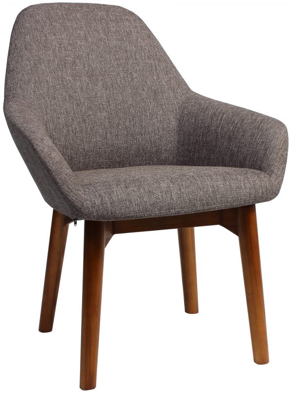 A modern, grey upholstered armchair with wooden legs. The chair features a curved backrest and angled armrests, providing a contemporary and comfortable seating option. Ideal for living rooms, offices, or dining areas.
