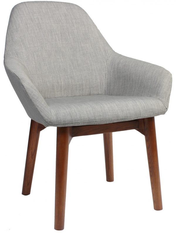 A gray upholstered armchair with a modern design. It features a rounded backrest and armrests, with a seat cushion supported by four wooden legs in a natural finish. The chair has a minimalist yet contemporary look, suitable for various interiors.