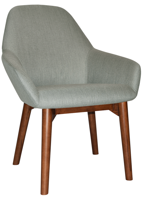 A light grey upholstered chair with a curved backrest and angled armrests. The chair has four wooden legs with a natural brown finish. Its modern design and clean lines make it suitable for a contemporary interior setting.