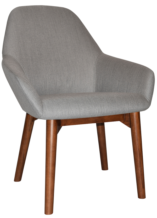 A modern, gray upholstered chair with a comfortable, curved backrest and wooden legs finished in a rich brown hue. The design features slightly angled legs and rounded edges, providing a stylish and contemporary look.