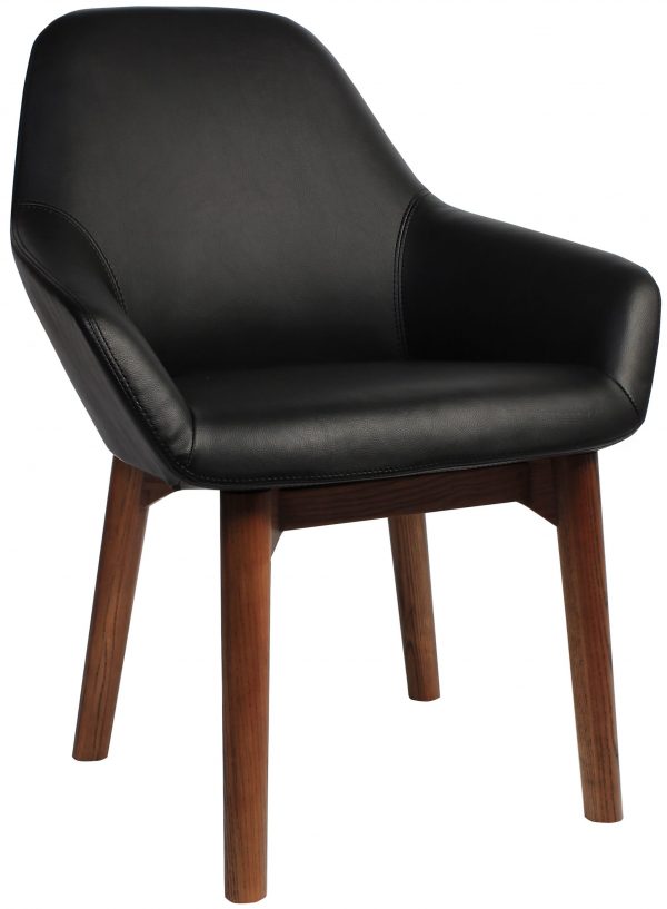 A sleek, modern chair with a black leather seat and backrest, featuring a smooth, curved design. The chair has four sturdy, wooden legs with a natural finish, providing a stylish contrast to the dark upholstery. The chair's backrest is slightly reclined for comfort.