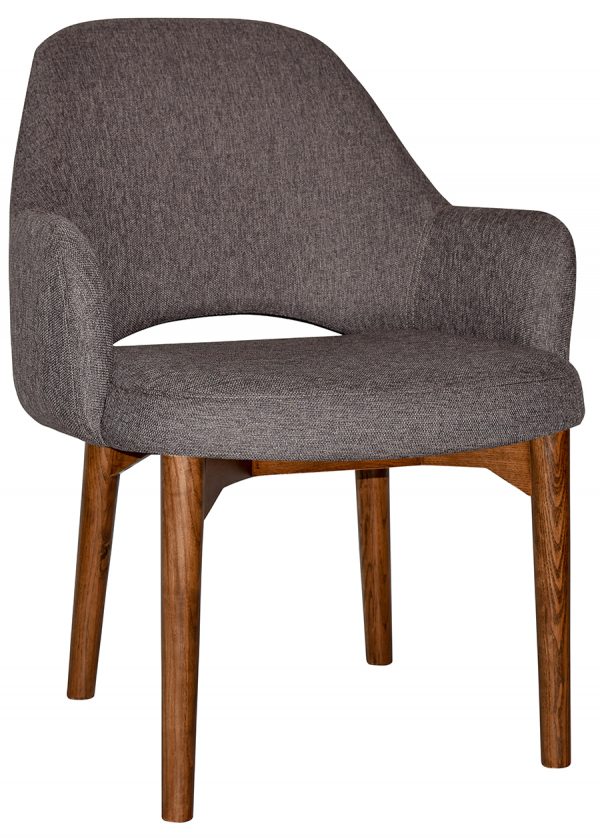 A modern chair with a grey upholstered seat and backrest, featuring wooden legs and a curved design for added comfort. The chair has a sleek, minimalist look and would fit well in contemporary interiors.