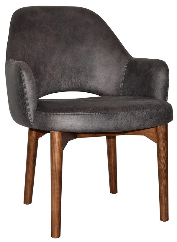 A modern chair featuring a curved, black upholstered backrest and seat. The chair has wooden legs and armrests integrated with the backrest. The upholstery has a smooth, slightly textured appearance, and the overall design presents a sleek, contemporary look.