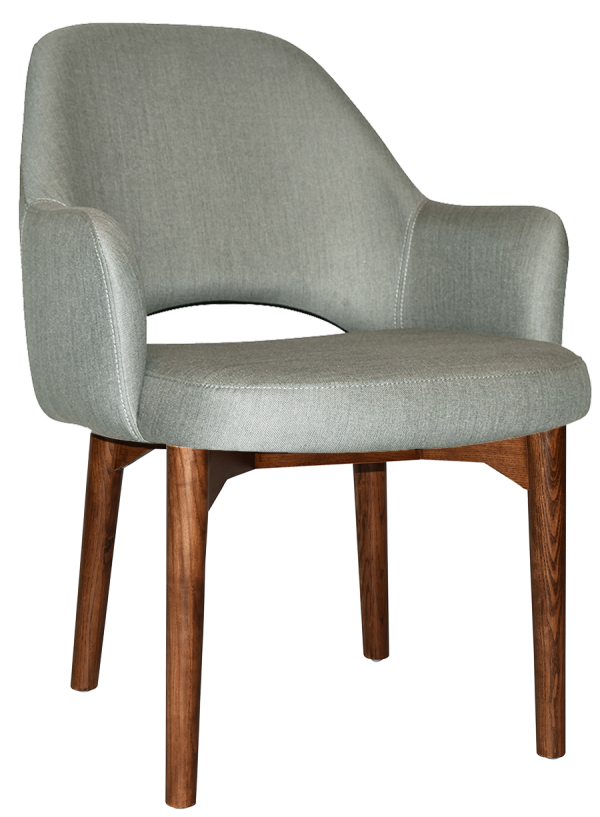 A modern chair with a light grey upholstered seat and backrest, featuring an open lower back design. The chair has wooden legs with a natural finish, slightly angled for support. Its contemporary style is suitable for dining rooms, offices, or living spaces.