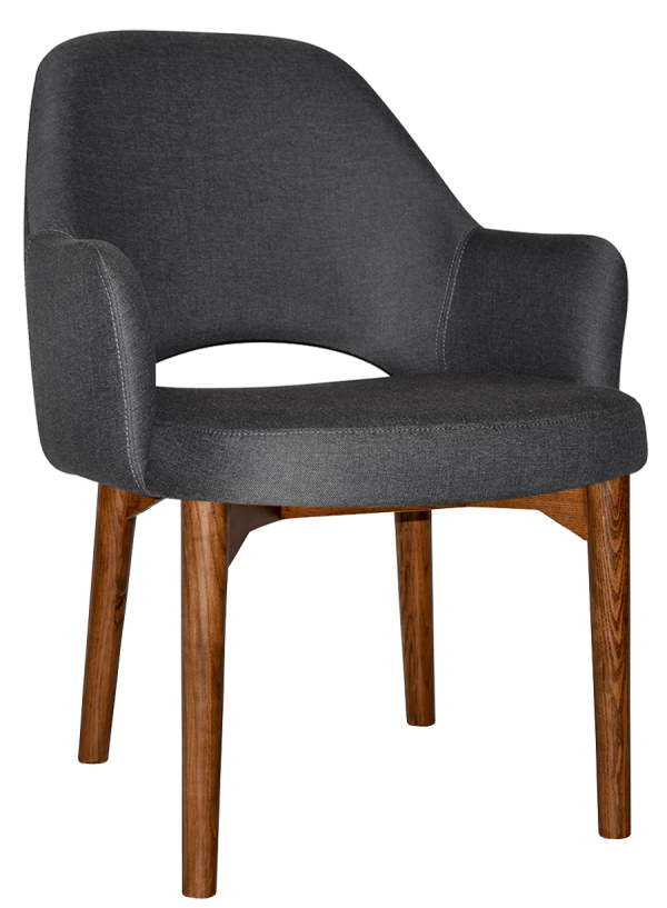 A modern armchair with dark gray fabric upholstery. The chair features a rounded backrest and armrests, with a smooth seat. It stands on four wooden legs with a natural wood finish.