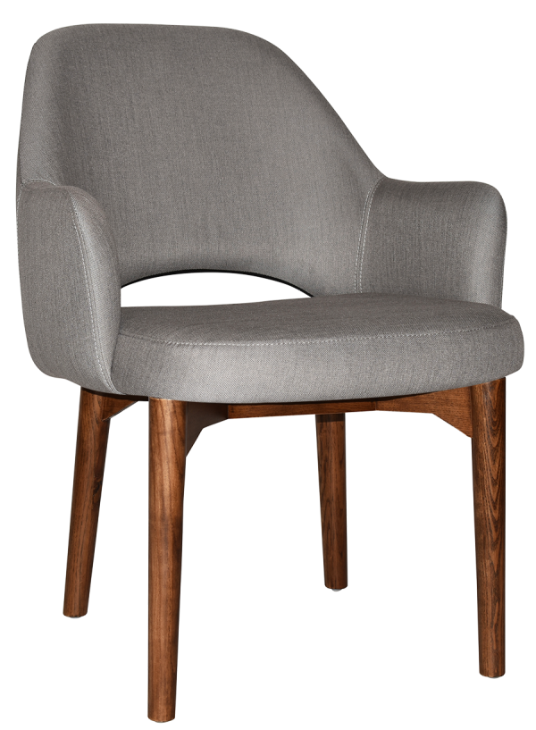 A modern chair with a grey, cushioned seat and backrest. The chair has wooden legs and arms, and a curved design, creating a sleek and contemporary appearance. The wood has a natural finish, complementing the grey upholstery.