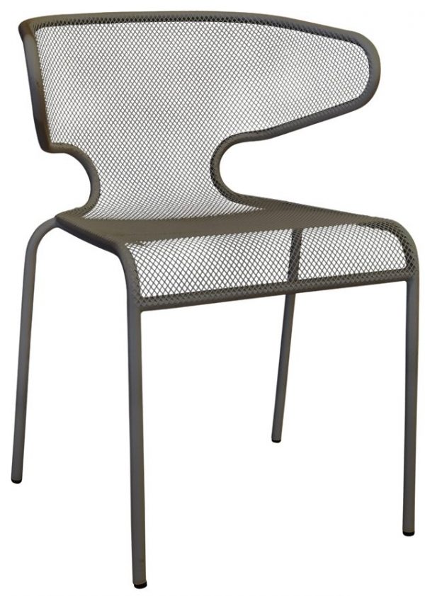 A modern metal chair with a backrest and seat made of mesh material. The chair features a unique, curving backrest connected to four straight legs. The design is minimalist and contemporary, suitable for indoor or outdoor use.