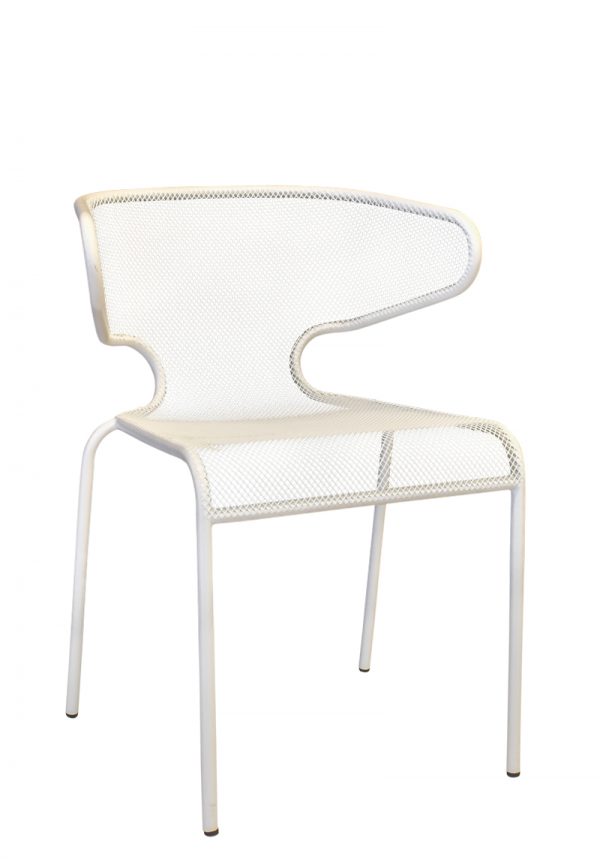 A minimalist white metal chair with a perforated backrest and seat. The chair features four slim legs and a curved, contemporary design that blends modern aesthetics with practical functionality. The backrest is irregularly shaped with wider ends and a narrower middle.