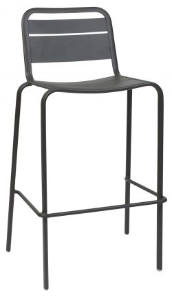 A tall, black metal bar stool with a minimalist design. The stool features a backrest with two horizontal slats and a footrest. The legs are slim and straight, connected by a horizontal support at the bottom.