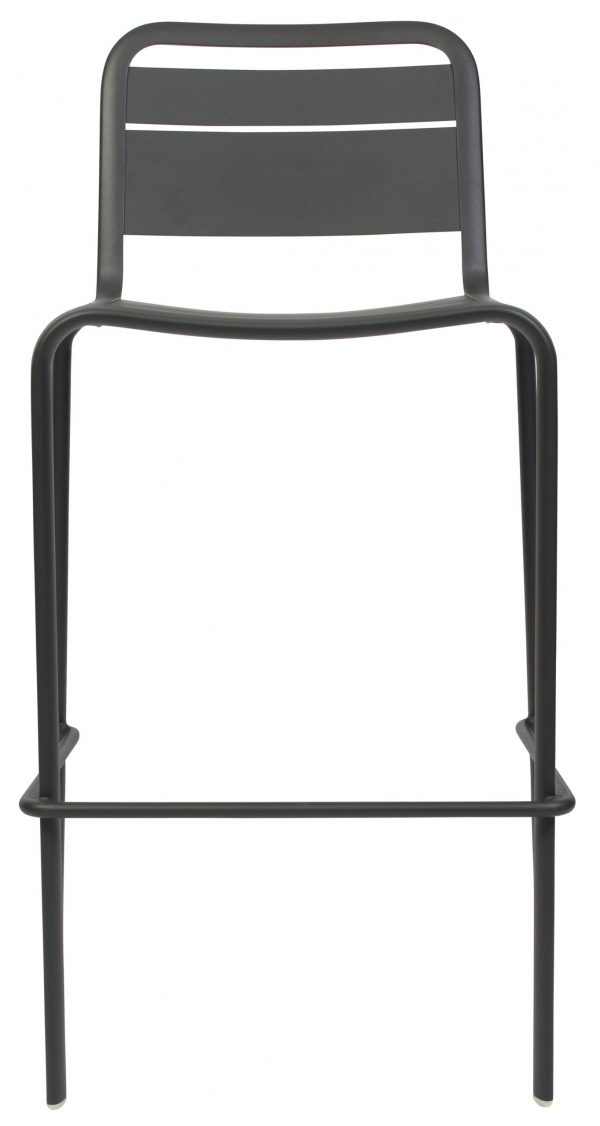 A black metal bar stool with a minimalist design featuring a curved backrest and seat, supported by four slim legs. The front legs have a built-in footrest connecting them for added comfort. The stool has a sleek, modern appearance.