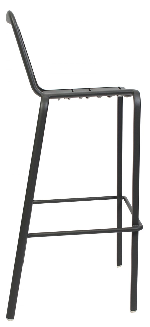 Minimalistic metal bar stool with a sleek black finish. The stool features a slightly reclined backrest and a footrest bar. The seat and backrest are composed of thin horizontal slats. The design is modern and streamlined.