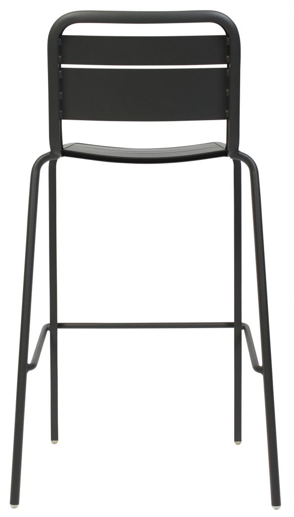 A black metal bar stool with a simple, minimalist design is shown from the back. It has a solid seat and two horizontal slats on the backrest. The stool has four slender, slightly angled legs and a footrest bar near the bottom.