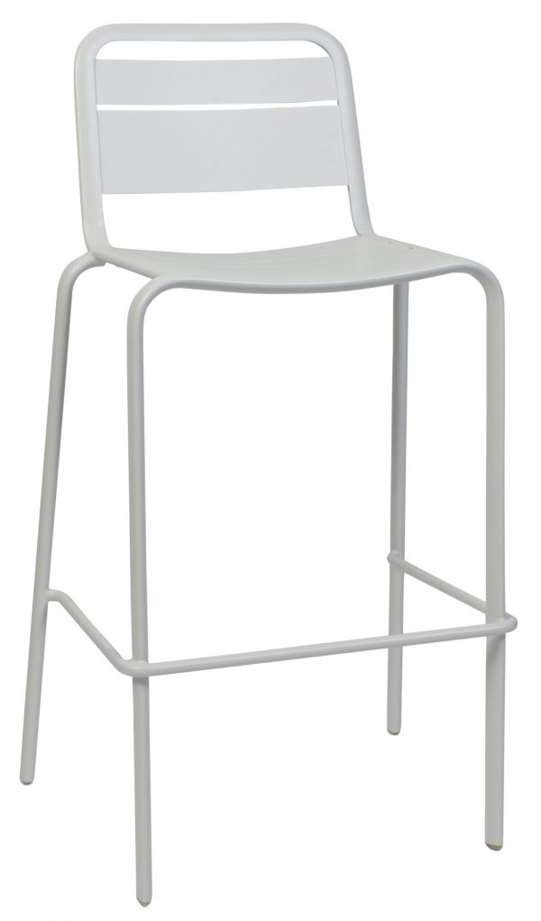 A tall white bar stool with a simple, minimalist design. The stool features a flat, rectangular seat and backrest with three horizontal slats, supported by four long legs with a footrest connecting the front and sides.