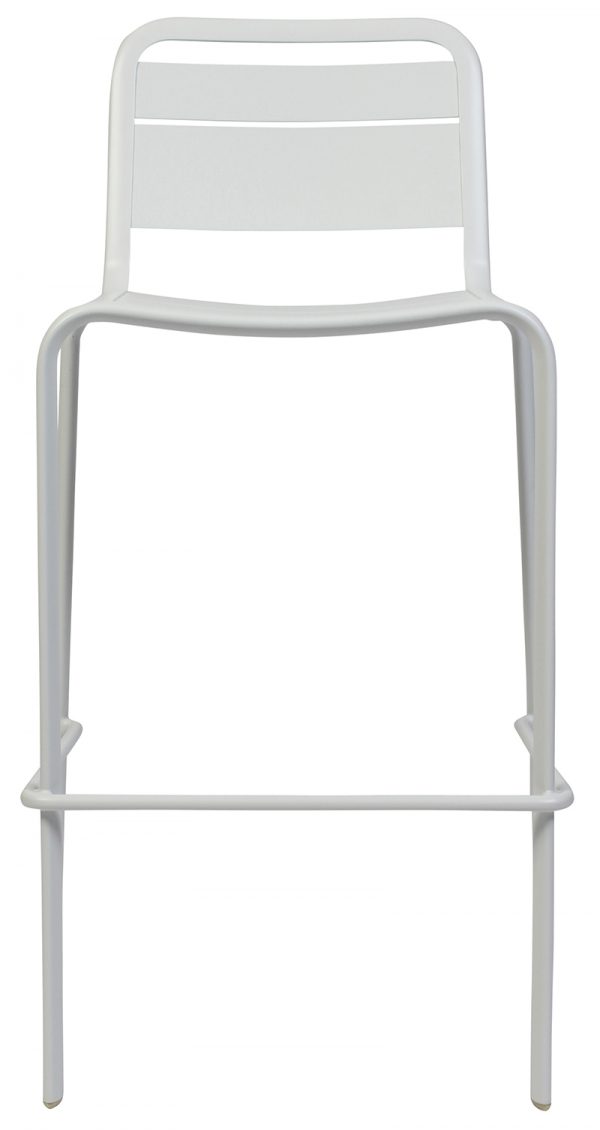 A modern white bar stool with a minimalist design. The stool features a slightly curved seat and a backrest with two horizontal slats. It has four slender legs and a footrest bar connecting the front legs at the bottom.