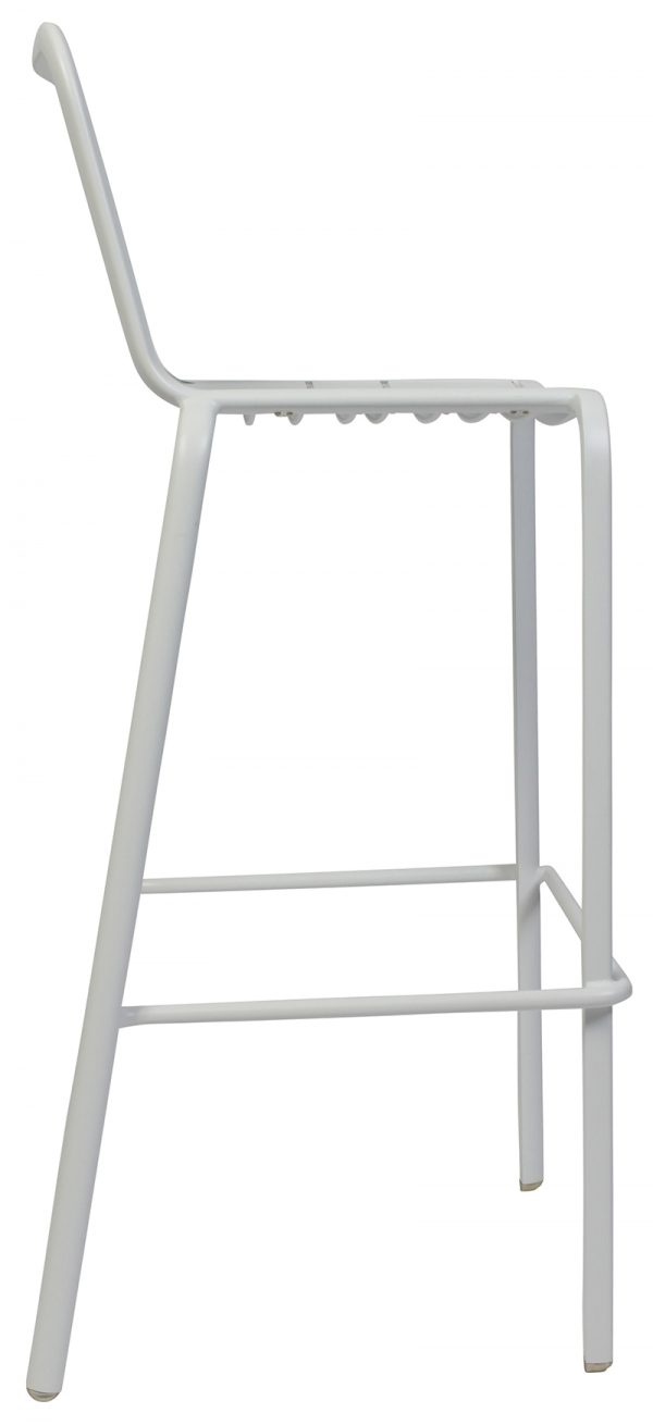 A side view of a modern white metal bar stool with a backrest. The design is minimalistic, featuring straight lines and a sturdy frame. There are four legs connected by horizontal bars that serve as footrests. The seat is flat and the backrest is slightly angled.