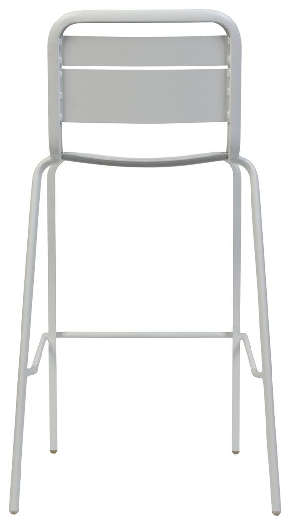 A minimalist white bar stool with a backrest consisting of three horizontal metal slats. The stool has four slender legs splayed outward, connected by a horizontal bar for added stability. The design is sleek and modern, highlighting its simple geometry.