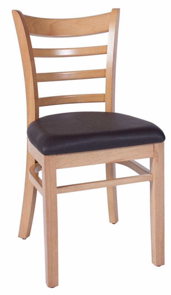 A wooden chair with a light brown finish features a slatted backrest and a cushioned seat upholstered in black material. The design is simple and modern, with straight legs and a sturdy frame.