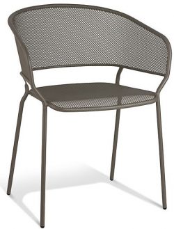 A modern outdoor chair featuring a mesh backrest and seat, supported by four slender metal legs. The chair has a curved back for ergonomic support and is designed in a dark metallic finish.