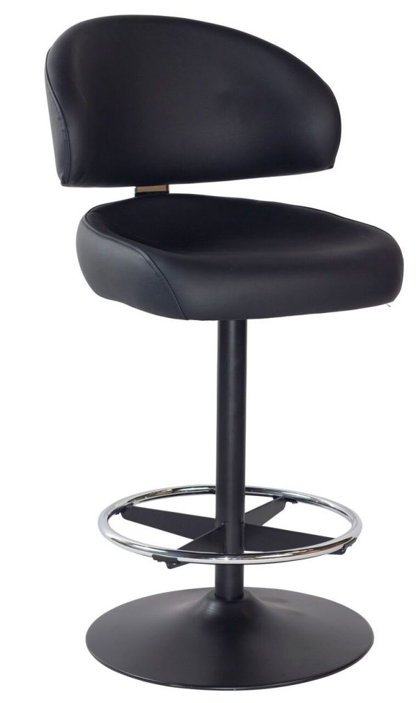 A modern black bar stool with a curved backrest and cushioned seat. The stool has a footrest attached to a single black metal leg, which extends to a round base for stability. The design is sleek and contemporary.