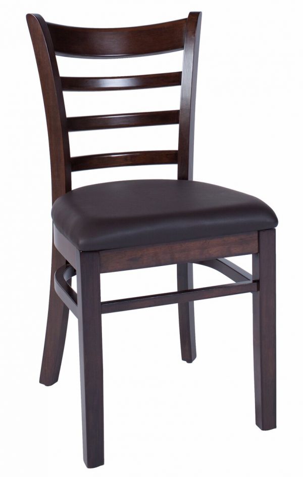 A dark wood chair with a ladder-style backrest and a dark brown cushioned seat. The chair has four straight legs with side support bars, showcasing a simple and classic design. The finish is polished, giving it a sleek, elegant appearance.