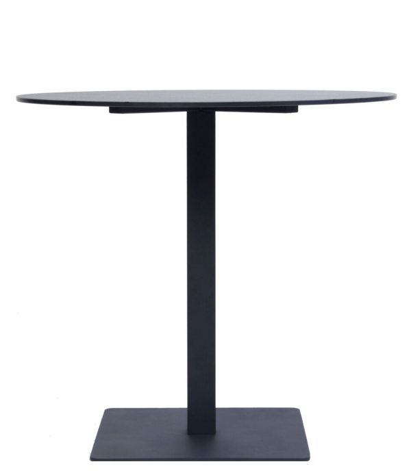 A minimalistic round table with a thin, flat black top and a single central black metal leg attached to a rectangular base. The design is simple and sleek, ideal for modern interiors.