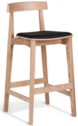 A wooden bar stool with a light finish, featuring a backrest and a black cushioned seat. The stool has a clean and simple design with straight legs and a footrest bar.