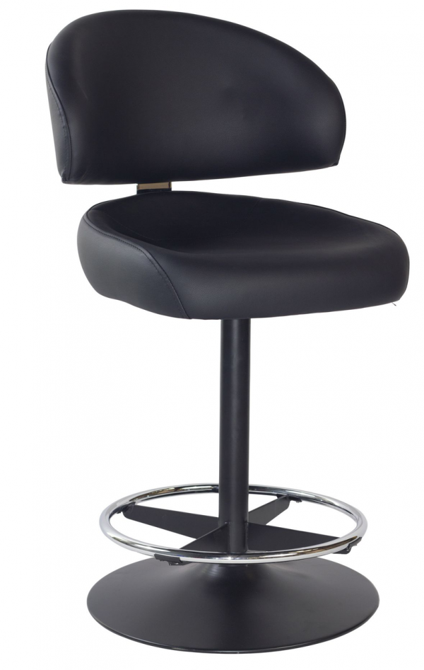 A tall, black bar stool featuring a cushioned seat and backrest. The chair has a circular chrome footrest and a sturdy, round black base. The overall design is modern and sleek, suitable for a contemporary bar or kitchen setting.