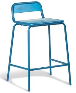 A tall blue bar stool with a simple design, featuring a metal frame and a wooden seat and backrest. The stool has four legs with a connecting support bar near the base. The seat and backrest are painted in the same blue color as the metal frame.