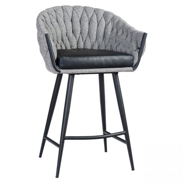 A modern bar stool featuring a grey, quilted, curved backrest and a black cushioned seat. It has four slender, black metal legs connected by supportive crossbars. The design is stylish and contemporary, blending comfort and elegance.