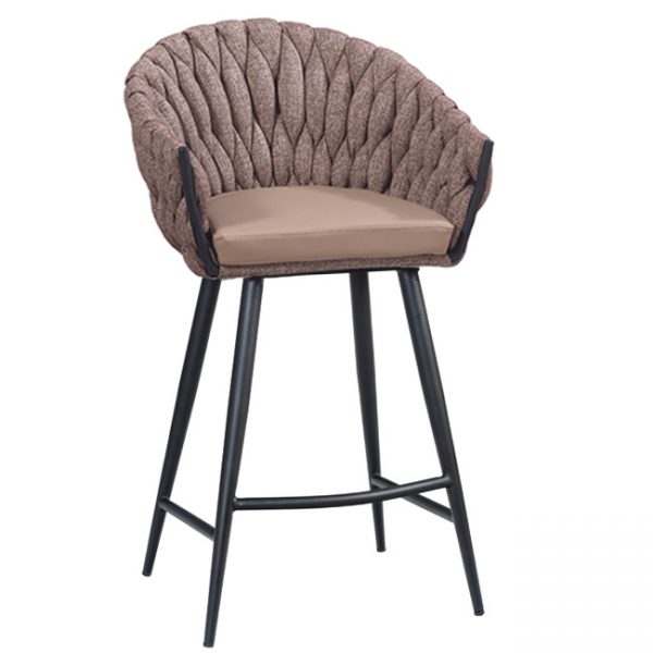 A modern bar stool with a light brown cushioned seat, a tufted fabric backrest in a darker brown shade, and slim black metal legs with a crossbar support. The backrest features a unique braided texture.