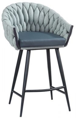 A modern bar stool featuring a gray, tufted backrest and armrests with braided detailing. The seat is cushioned in dark gray leather, and the stool has black metal legs connected by horizontal supports.