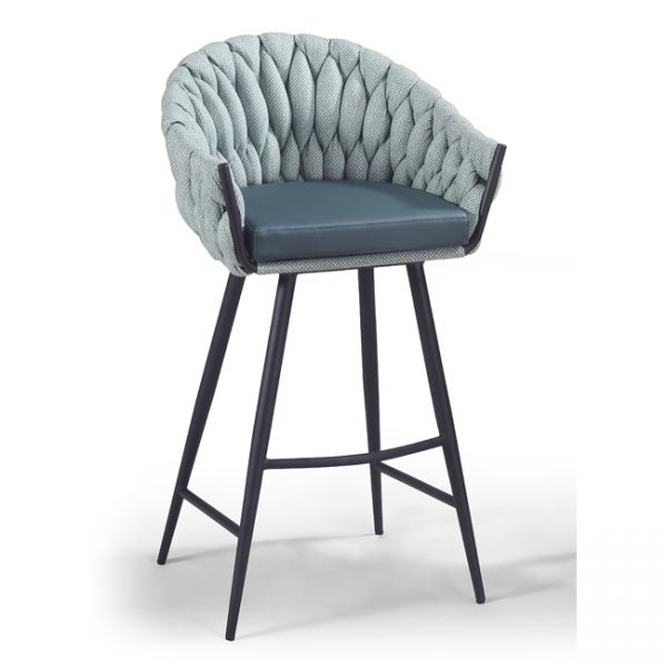 A modern bar stool with a dark metal frame and four angled legs. The seat and backrest feature a cushioned design with a woven, tufted pattern in light gray fabric, and a solid dark gray cushion on the seat. The stool includes a footrest bar at mid-height.