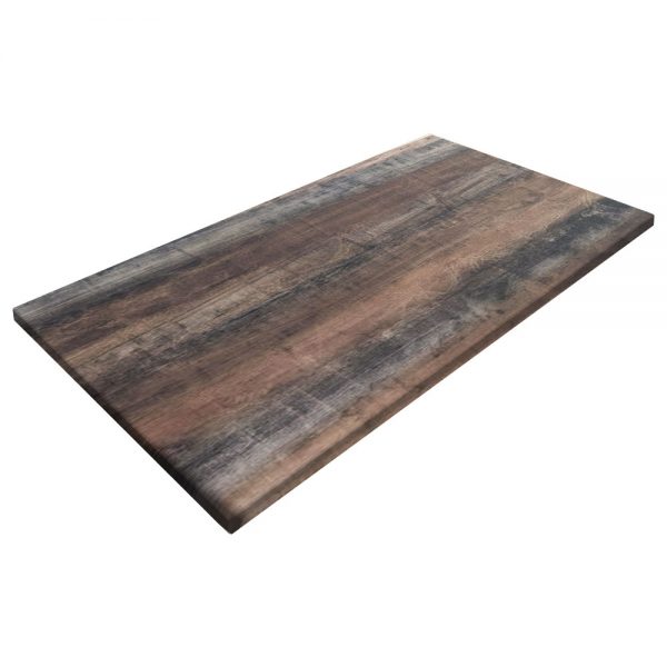 A rectangular wooden tabletop with a weathered, rustic finish featuring a mix of dark and light brown hues. The surface has visible wood grain patterns, adding texture and character to the design. It is isolated on a white background.