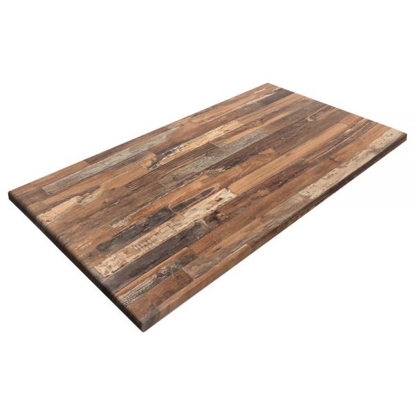 A rectangular wooden tabletop with varying shades of brown and a rustic, reclaimed wood appearance. The surface displays a mix of light and dark wood strips, giving it a natural, weathered look.