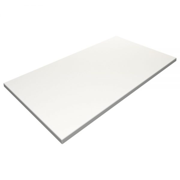 A rectangular, flat, white tabletop with smooth edges. It has no visible legs or support, and appears to be made of a solid material. The surface is clean and unmarked, suitable for use as a desk or table surface.