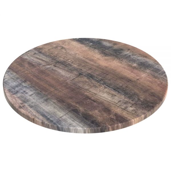 A round, wooden tabletop with a rustic, distressed finish featuring a mix of brown and gray tones. The surface showcases natural wood grain patterns and variations in color, giving it a weathered appearance.