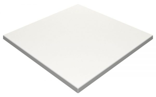 A plain, white square tile with a smooth surface. The tile appears to be ceramic and is shown from an angle, highlighting its thickness and clean edges. The background is completely white, emphasizing the simplicity and minimalism of the tile's design.