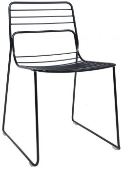 A sleek, black metal chair with a minimalist design, featuring a wire-frame backrest and seat. The chair has two sled-style legs, offering a modern and industrial look.